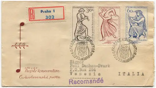 TSCHECHISCHE REP., PHILATELISTISCHER UMSCHLAG, 150 LET PRAZSKE KONSERVATORE, 1961, 5 BRIEFMARKEN m