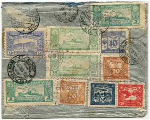 PARAGUAY, EINGETRAGEN AUS ASUNCION, 1935, INSGESAMT 13 BRIEFMARKEN (10 LUFTPOST) m