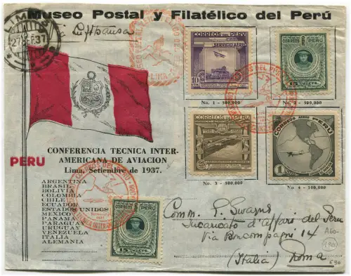 PERU, LIMA, 1937, POSTMUSEUM, TECHNISCHE LUFTFAHRTKONFERENZ, 5 BRIEFMARKEN m