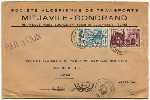 TUNESIEN, LUFTPOST VON TUNIS NACH GENUA, 1959, BRIEFMARKEN 20M + 30F m