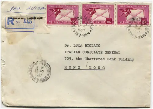 VIETNAM, EINGESCHRIEBENE LUFTPOST, ANNULS SAIGON, 1967, 3 BRIEFMARKEN À 10 m