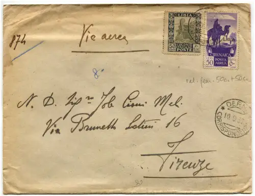 ITALIENISCHES LIBYEN, ANNULLI DERNA, 1937, BRIEFMARKEN C50 + C50 LUFTPOST m