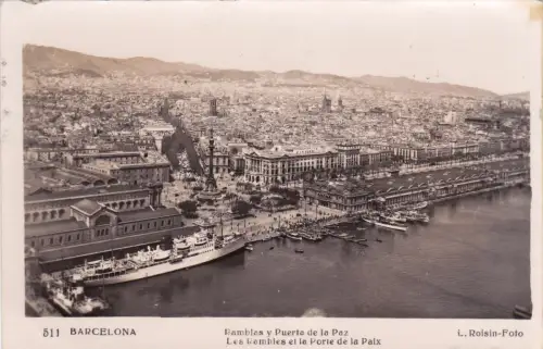 SPANIEN - Barcelona - Ramblas und Puerta de la Paz - Foto Postkarte 1954