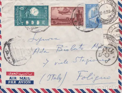 ÄGYPTEN LUFTPOST FLIGHT COVER 1958 KAIRO NACH ITALIEN FOLIGNO