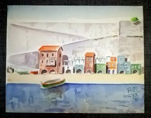 BUNTE AQUARELLZEICHNUNG - Panorama (Ligurien?) - R. M. 37 XV