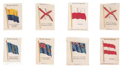 KENSITAS ZIGARETTEN - Britisches Empire, Polen, Österreich, 8 Stofffahnen Konvolut