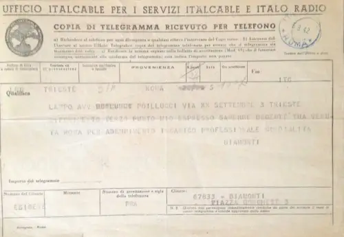 § TELEX ITALCABLE DA ROM A TRIESTE 1942 - PUBLIC. SUL RETRO