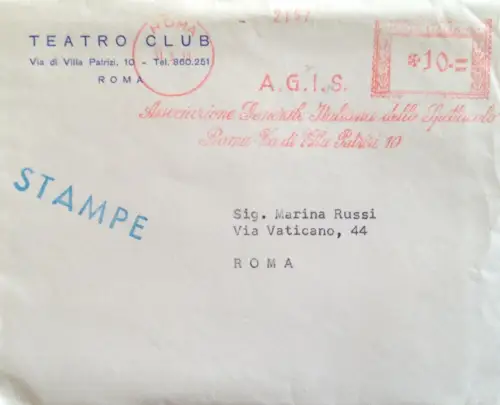 § TEATRO CLUB ANNULLO ROSSO L.10 A.G.I.S. 1960 (SHOW) AUF BRIEFUMSCHLAG
