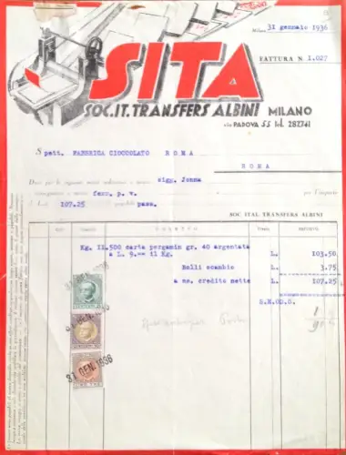 § BRIEFKOPF SITA, SOC. IT. TRANSFERS ALBINI, MAILAND 1936