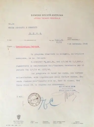 § RECHNUNG AUF BRIEFKOPF 1940 - SIEMENS AKTIENGESELLSCHAFT