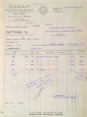 § RECHNUNG AUF BRIEFKOPF 1930 - SOC. OSRAM EDISON-CLERICI