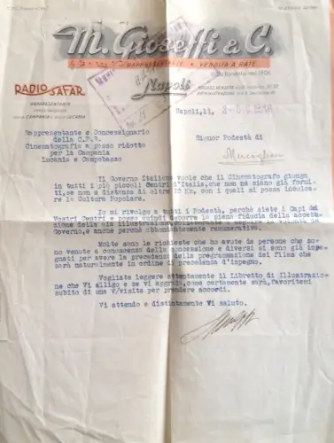 § BRIEF AUF BRIEFKOPF. GIOSEFFI & C., NEAPEL 1942 - FILMMITGLIEDSCHAFT