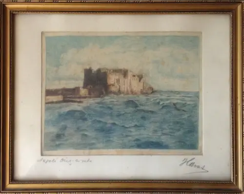 § NEAPEL - Originaler Seidendruck und handbemalt - damals gerahmt