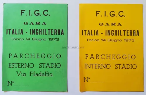 FUSSBALL - 2 Parkgenehmigungen Stadion - FIGC - Italien-England - Turin 1973