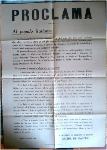 WANDBILD, DEZ 1945, PROKLAMA, DE GASPERI, RÜCKKEHR DER BESETZTEN GEBIETE m