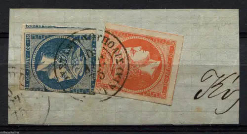 GRIECHENLAND LEVANT, FRAGMENT, ANNUL CONSTANTINOPEL, 1875, BRIEFMARKEN 20 + 10 LEPT m