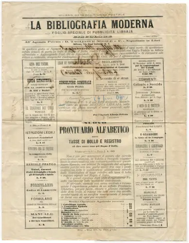 MAILAND, 1871, WERBEBLATT LIBRAJA DIE MODERNE BIBLIOGRAPHIE m