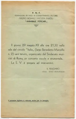 ROM, ZWANZIG JAHRE, MUSIK, FALTKONZERT GROUP RIONALE PARIOLI, 1934 m