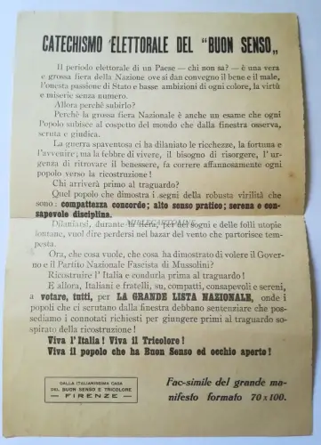 FASCHISTISCHE NATIONALE PARTEI - Mussolini - Flyer Wahlkatechismus Florenz
