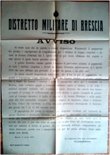 WANDBILD, MILITÄRBEZIRK BRESCIA, 1919, WARNUNG, MILITÄRISCHER ABSCHIEDSPREIS m