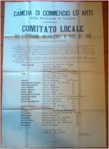 WANDBILD, HANDELSKAMMER VICENZA, EXPO PARIS 1900, AUSSCHUSSLISTE m