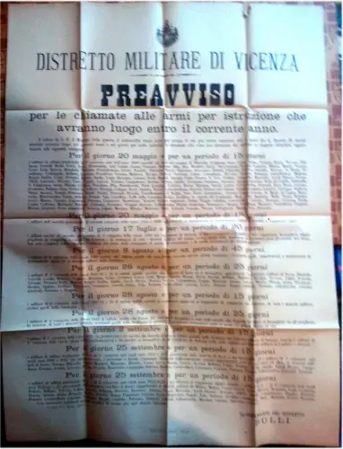 WANDBILD, MILITÄRBEZIRK VICENZA, 1889, VORANKÜNDIGUNG ANRUF WAFFEN X ANWEISUNG m