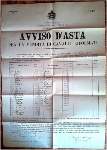 WANDBILD, VICENZA 1906, AUKTIONSHINWEIS REFORMIERTE PFERDE, REGG. LANCIERI m
