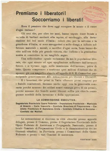BRESCIA LIBERATA, FLYER UNTERSCHRIFTEN PRO LIBERATORI E LIBERATI, (1945) m