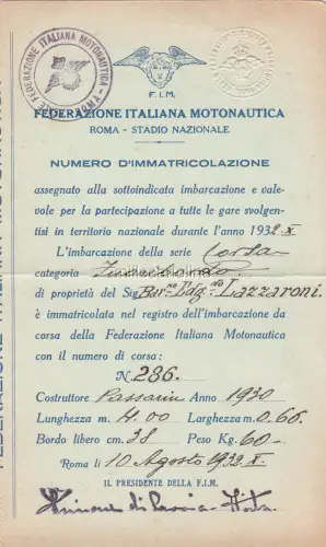 * MOTONAUTICA - Italienischer Verband, Rom 1932 - Zulassung