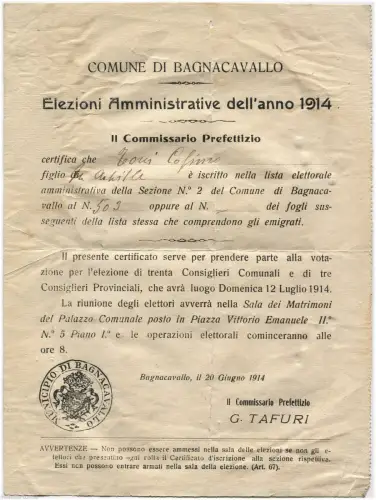 BAGNACAVALLO (RAVENNA), VERWALTUNGSWAHLEN 1914, EINTRAGUNGSURKUNDE m