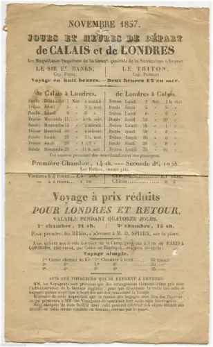 FRANKREICH, NOV 1857, BLATT MIT FAHRPLAN ABFAHRTEN CALAIS LONDON PER SCHIFF m
