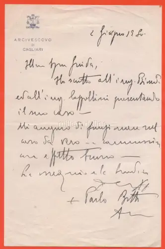 CAGLIARI 1950 - ERZBISCHOF PAOLO BOTTO - AUTOGRAMMBRIEF