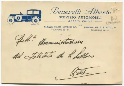 REGGIO EMILIA, RECHNUNGSKARTON, BENEVELLI ALBERTO AUTOMOBILSERVICE, 1938