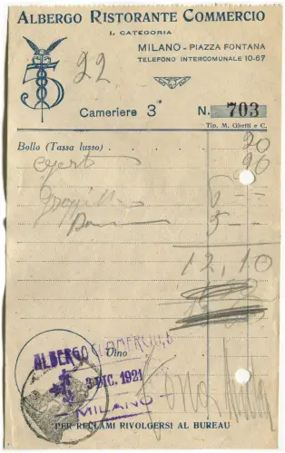 MAILAND, HOTEL RESTAURANT HANDEL, QUITTUNG MITTAGSKONTO, 1921