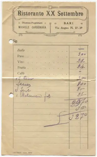 BARI, RESTAURANT XX SEPTEMBER VON MICHELE CARBONARA, MITTAGSRECHNUNG, CA. 30er Jahre