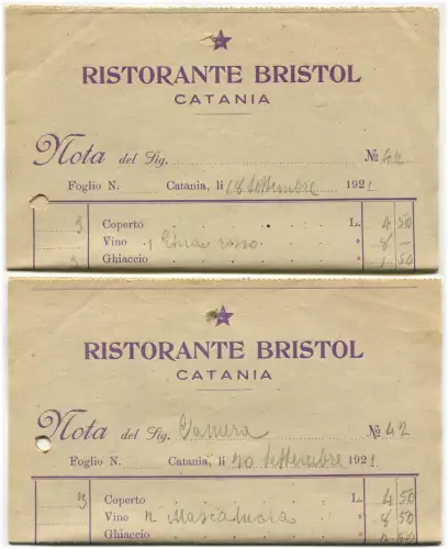 CATANIA, RESTAURANT BRISTOL, 2 NOTIZEN MITTAGSKONTO, 1921