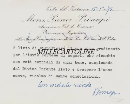 ROM / VATIKAN: 1972 Autogramm von P. Principi Erzbischof von Tirana