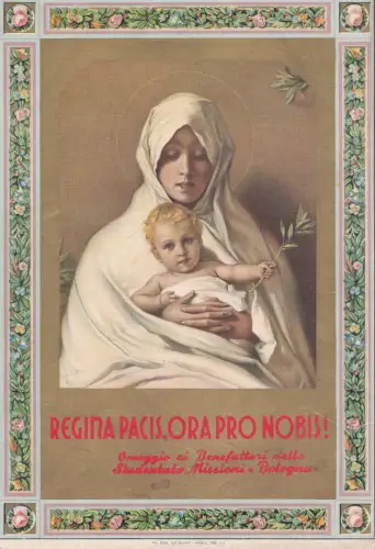 Bologna 1938 - Regina Pacis, Lithographisches Bild der Madonna mit Kind