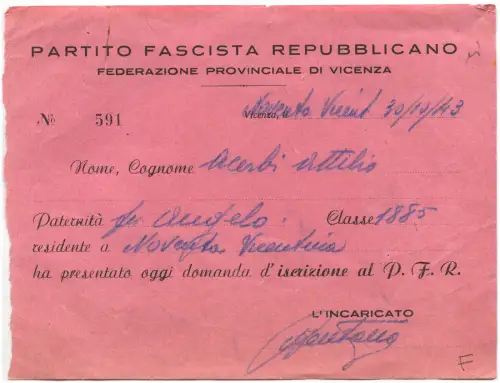 RSI, PFR FÖDERATION VICENZA, INSCHRIFT TIZIO DI NOVENTA VICENTINA, OKTOBER 1943