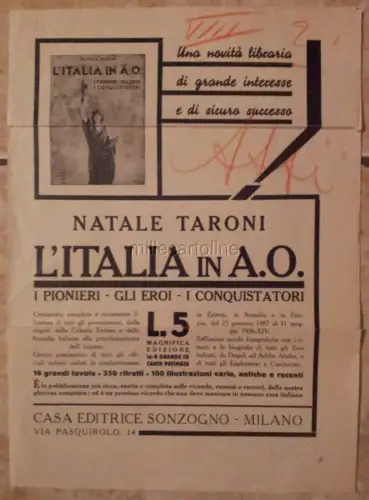 KOLONIEN Faltbare Werbung. Juli 1936 Italien in A.O. di Natale Taroni