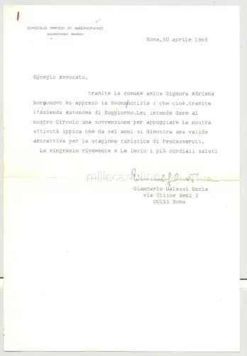 SACROFANO 1968 - GIANCARLO BERIA PER SUBVENTION A CIRCOLO PFERCO PESCASSEROLI
