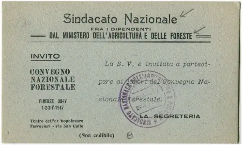 FLORENZ, EINLADUNGSKARTE, NATIONALE FORSTKONFERENZ, 1947