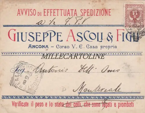 ANCONA: Reisekarte Giuseppe Ascoli & Söhne - mit Artikelliste 1909