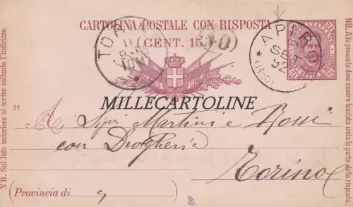 APIRO: Cart. Postkarte 1892 c.7,1/2 mit Antwort nach Turin für Bestellungen von Vermut