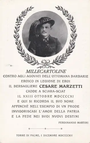 PALMENTURM 1. Dez. 1912 - Ehrungen für den Zielschützen Cesare Marzetti (Libyen)