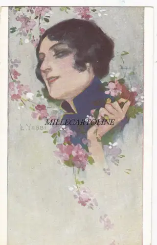 Lächelnde Frau zwischen Blumen - dis. L. Yobbi