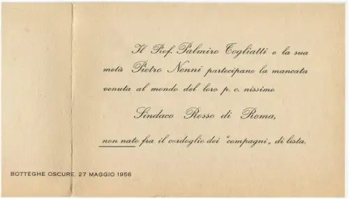 POLITISCHE SATIRE, Rom 1956, fehlende Wahl zum Bürgermeister pci psi, kuratiert Spes Dc m