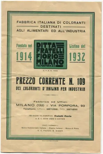 FALTBARE PREISLISTE, Firma Fratelli Fiorio, Mailand, 1932, Farbstoffe m