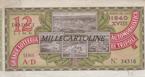 Lotterie: 1940 Große Automobillotterie Naz. von Tripolis L.12 (Kat. n.15)