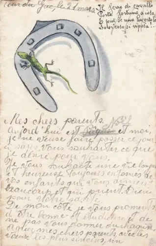 Handbemalt: Hufeisen und Eidechse